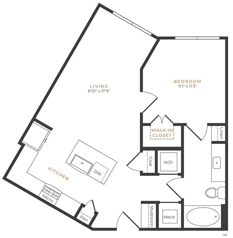 A black and white image of a floor plan for a home with a living room, kitchen, bedroom, and walk-in closet.